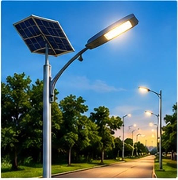 Row of solar street lights along a road during the day